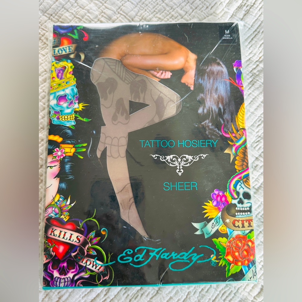 Ed Hardy tattoo-style sheer hosiery with bold graphic patterns and comfort fit.